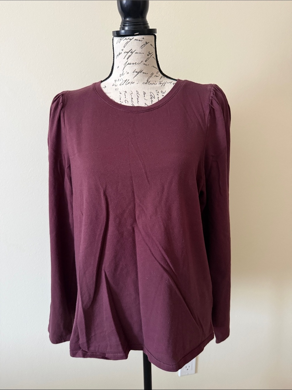 Madewell Burgundy Long Sleeve Crewneck with Puff Shoulder